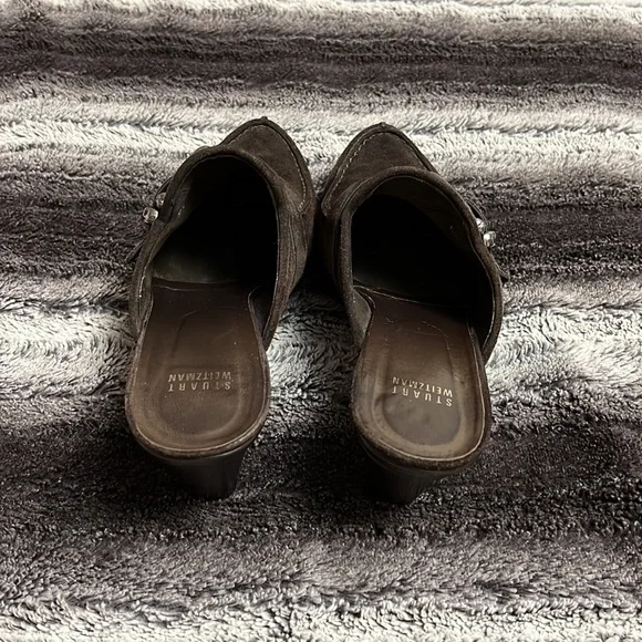 Stuart Weizmann Brown suede buckle studded clogs - Picture 3 of 8